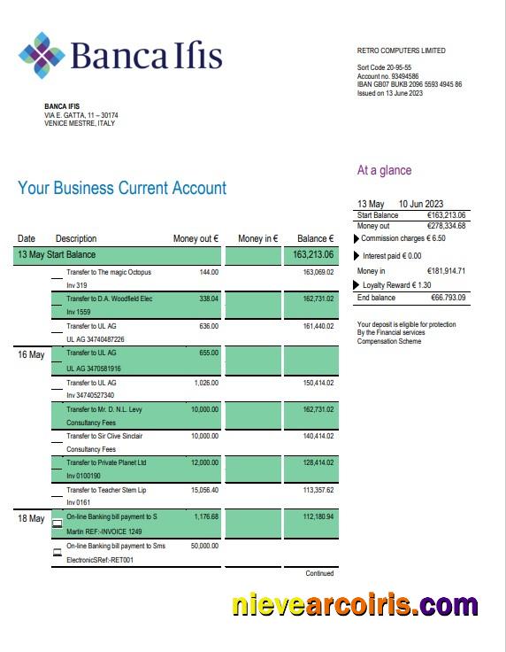 Banca IFIS business checking account statement
